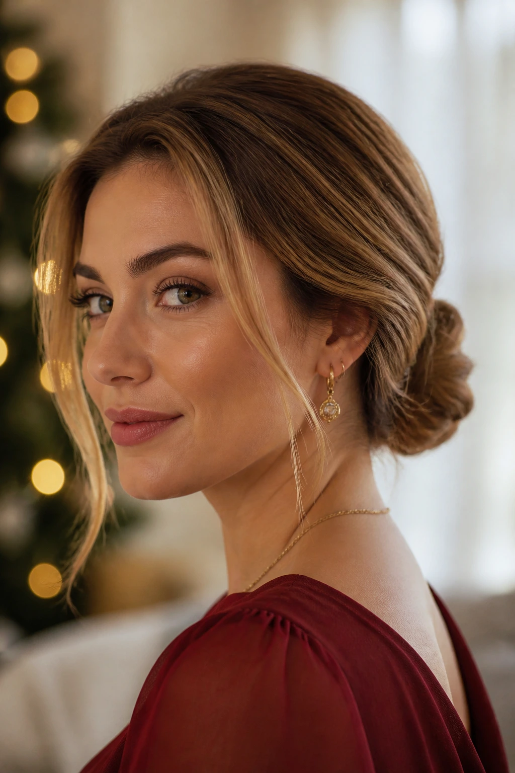 Close-up portrait of a real woman with a securely pinned low bun in warm festive light