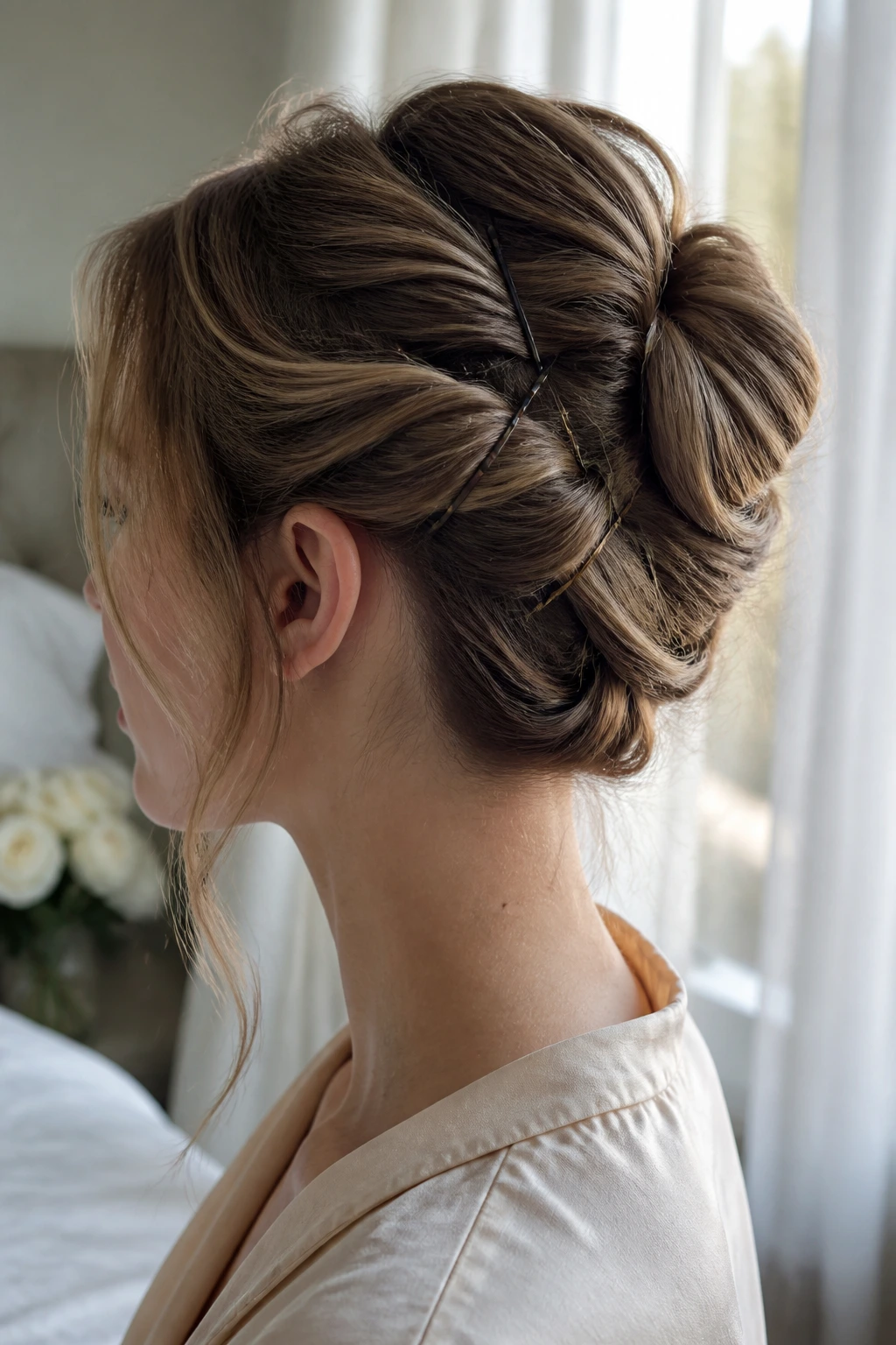 Close-up of a real person with an updo showing pins securing the style.