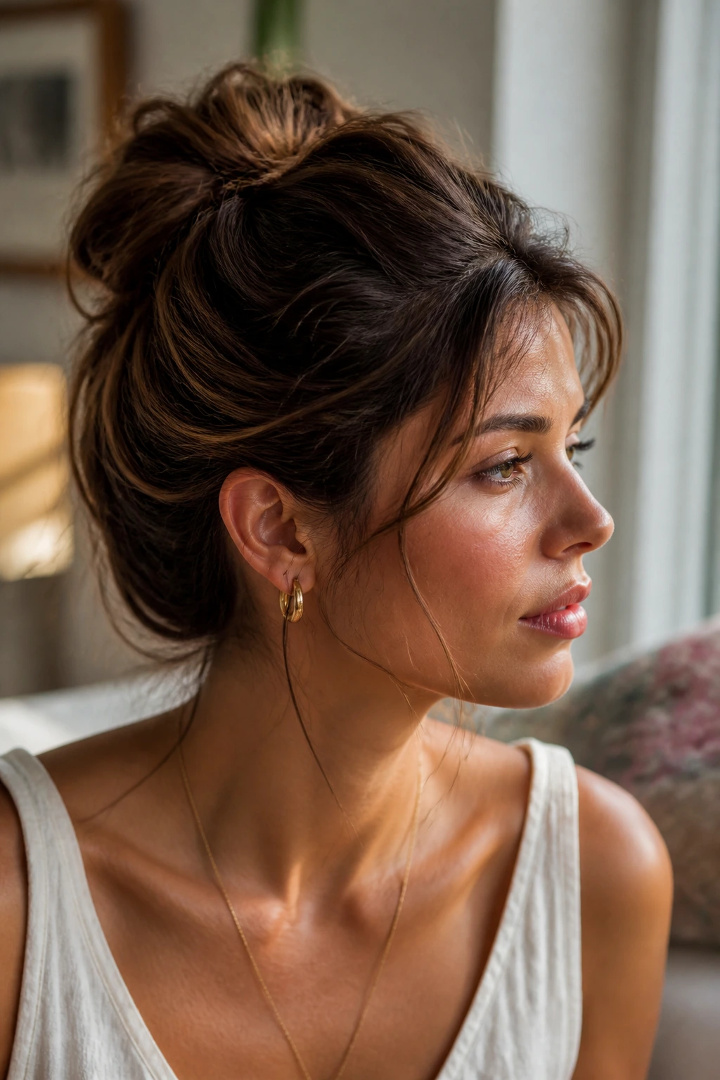 Close-up portrait of a real woman with a chic updo pulled off the neck.