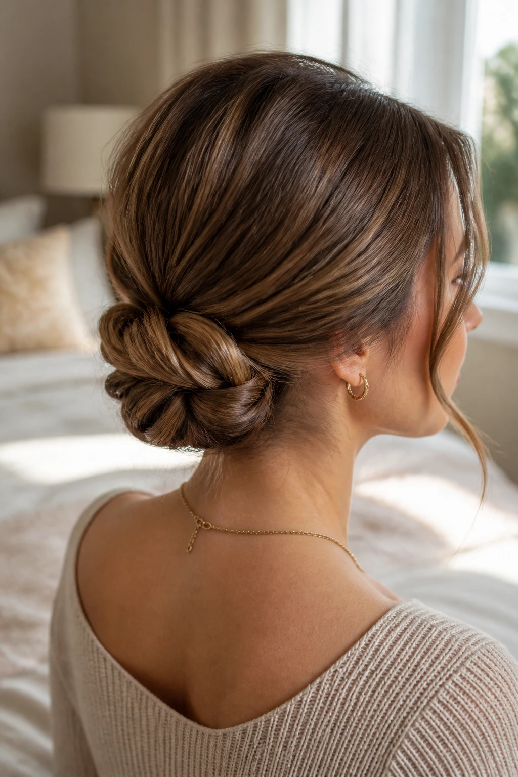 Close-up portrait of a woman with a low infinity twist bun at the nape in warm bedroom light