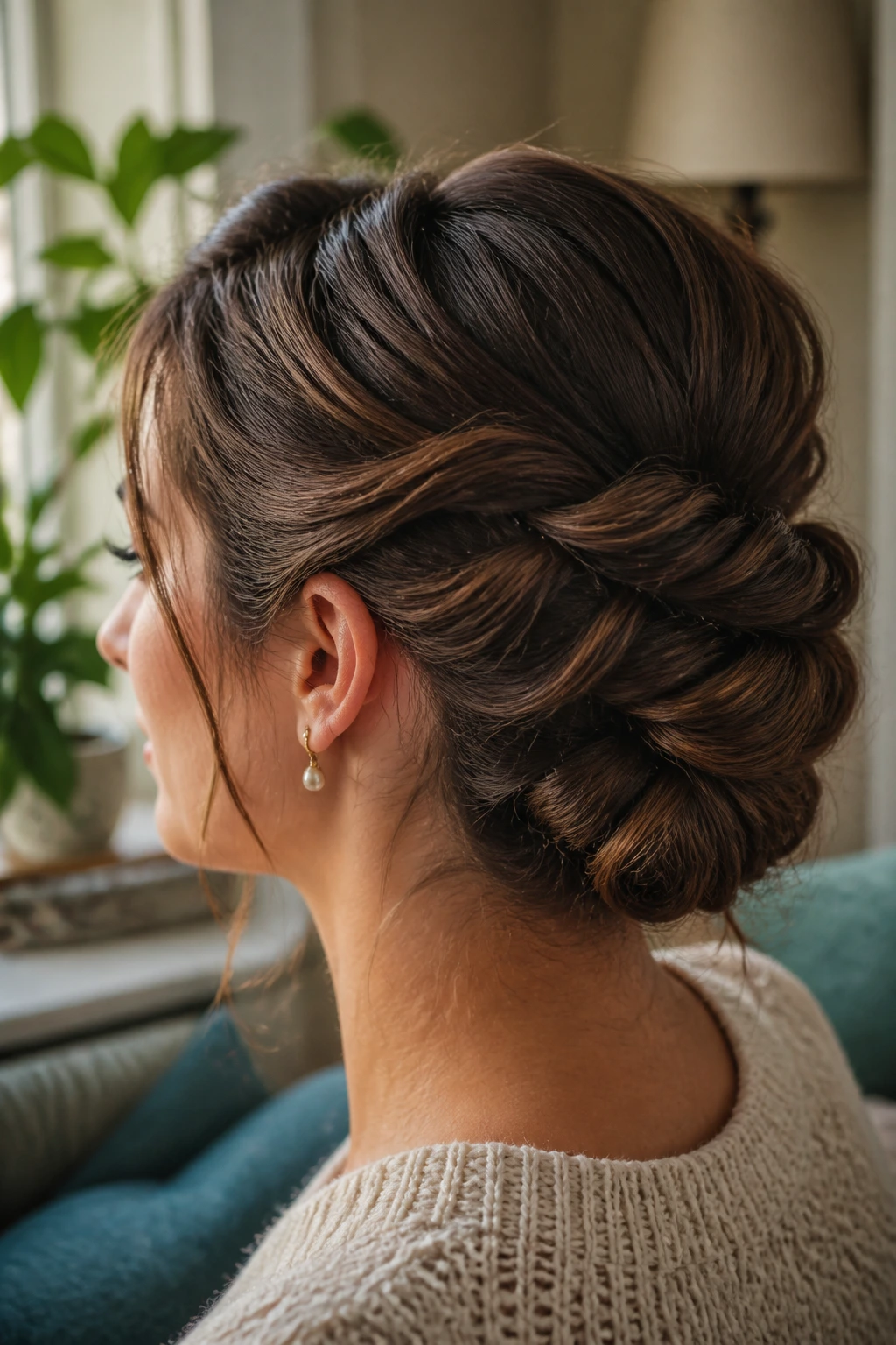 Close-up portrait of a real woman with a long elegant updo dominating the frame