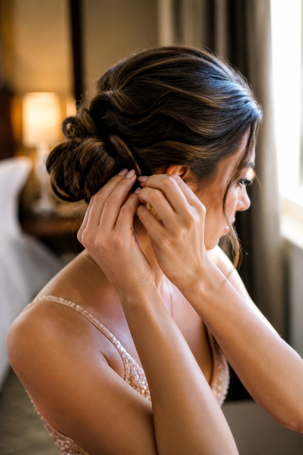 Close-up of real woman re-pinning updo to keep it fresh during event