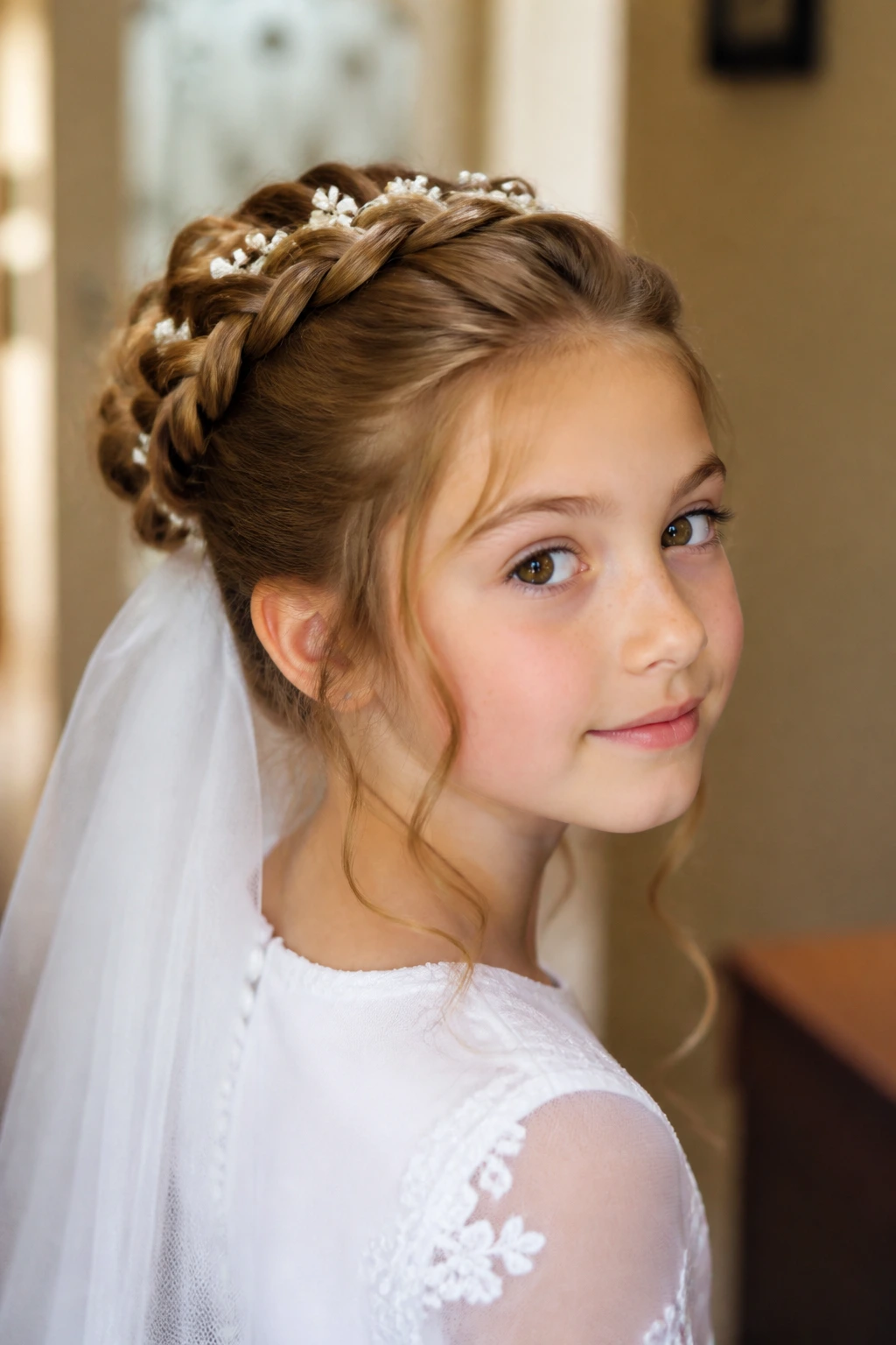 Close-up of a child with a tidy updo during a photo session in a church setting