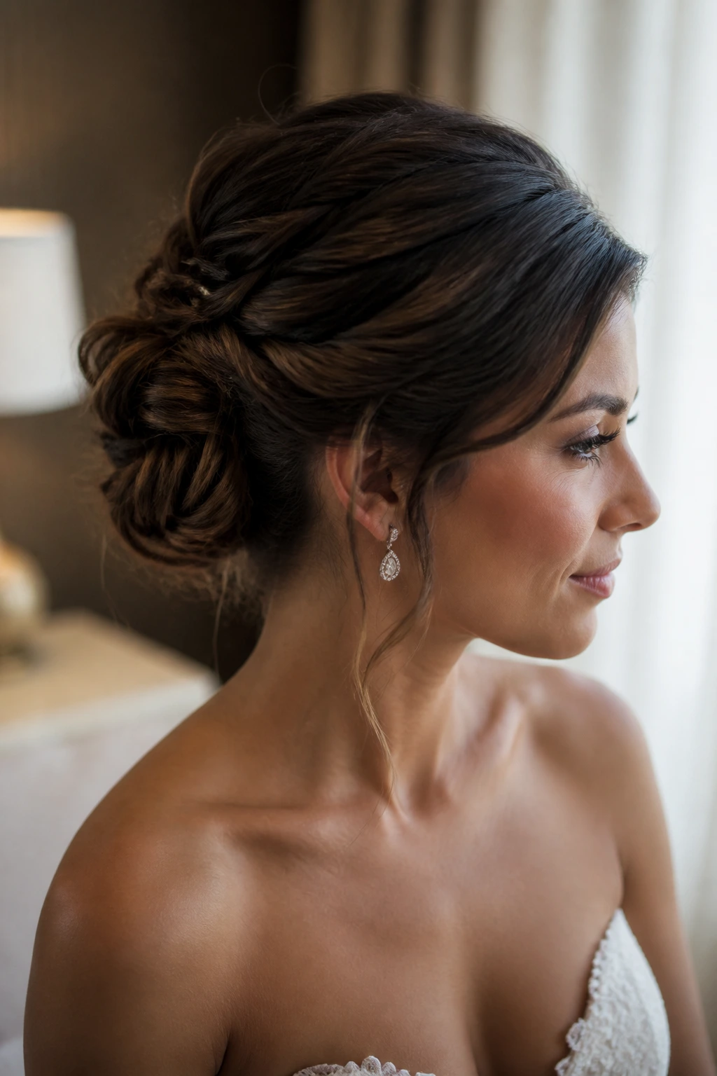Close-up of bride's textured updo secured with pins in hotel room