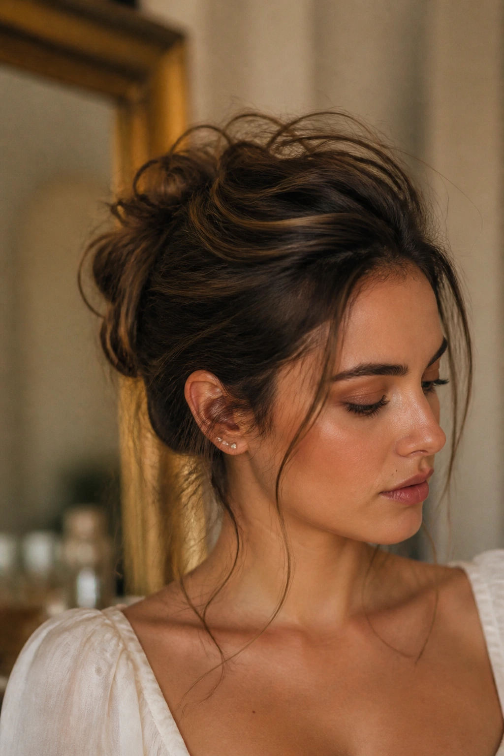 Close-up of a real woman with a slightly loose crown and stray pieces showing common updo mistakes.