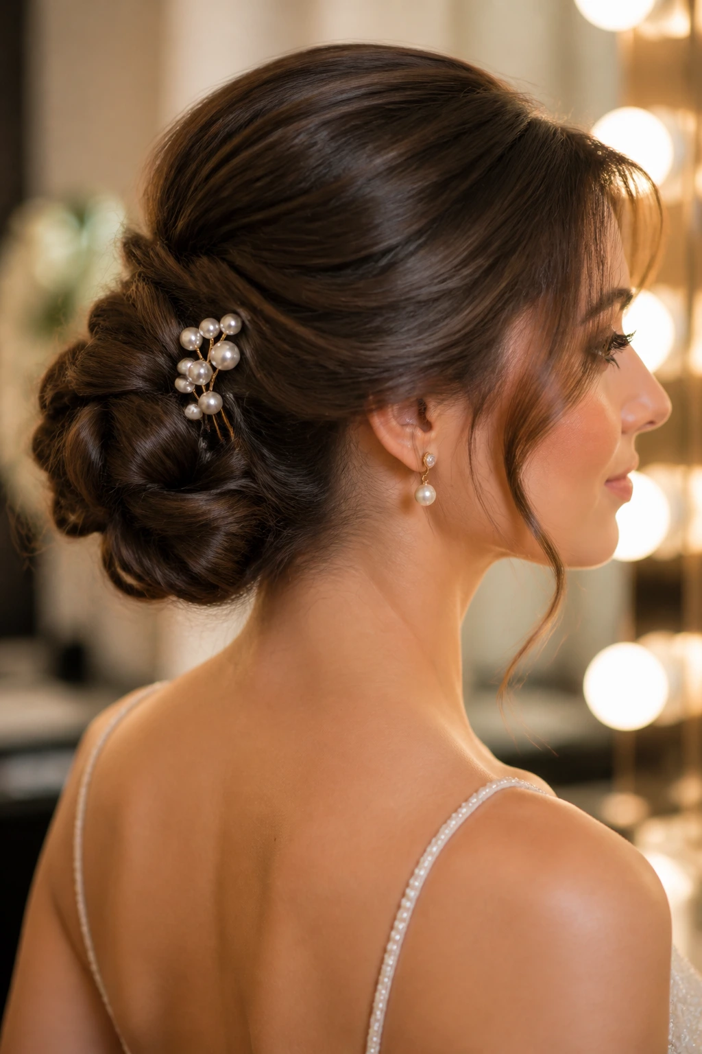 Close-up of updo with pearl pins detail on a real person