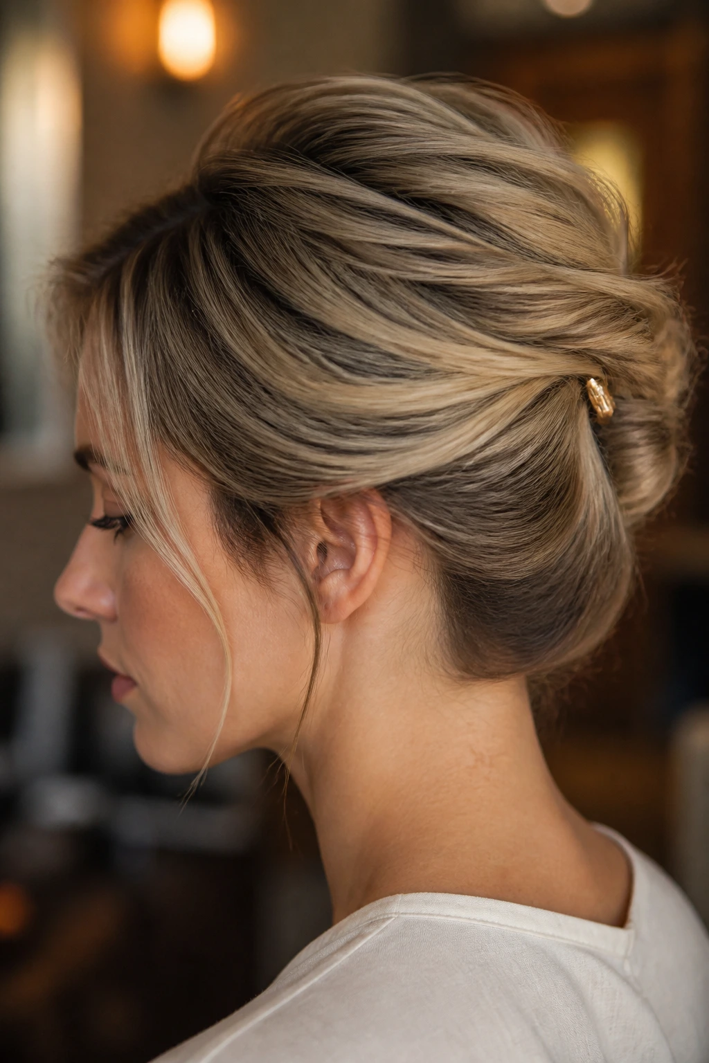 Close-up of a short updo with a single loose strand and pin detail