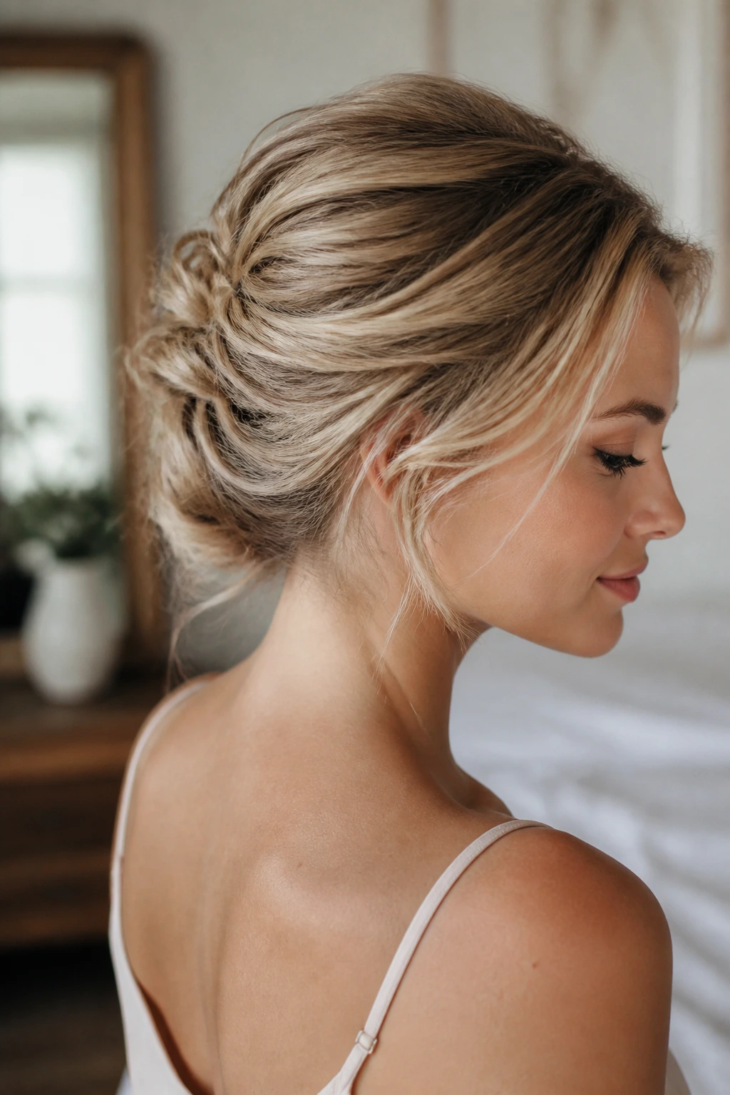 Close-up of a real woman showcasing an updo with hidden pins in a softly lit room