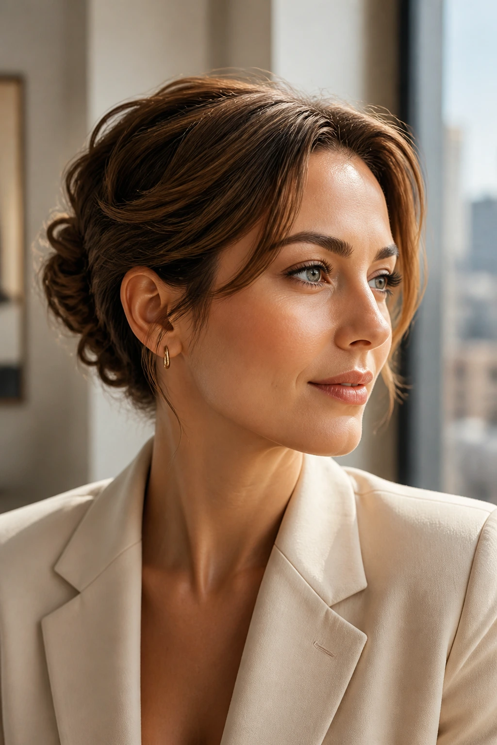 Portrait of a real woman with an updo and blazer, demonstrating matching style