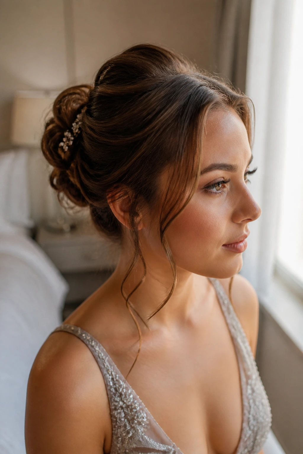 Close-up of real woman with prom updo in bedroom, showing prep and secure pins