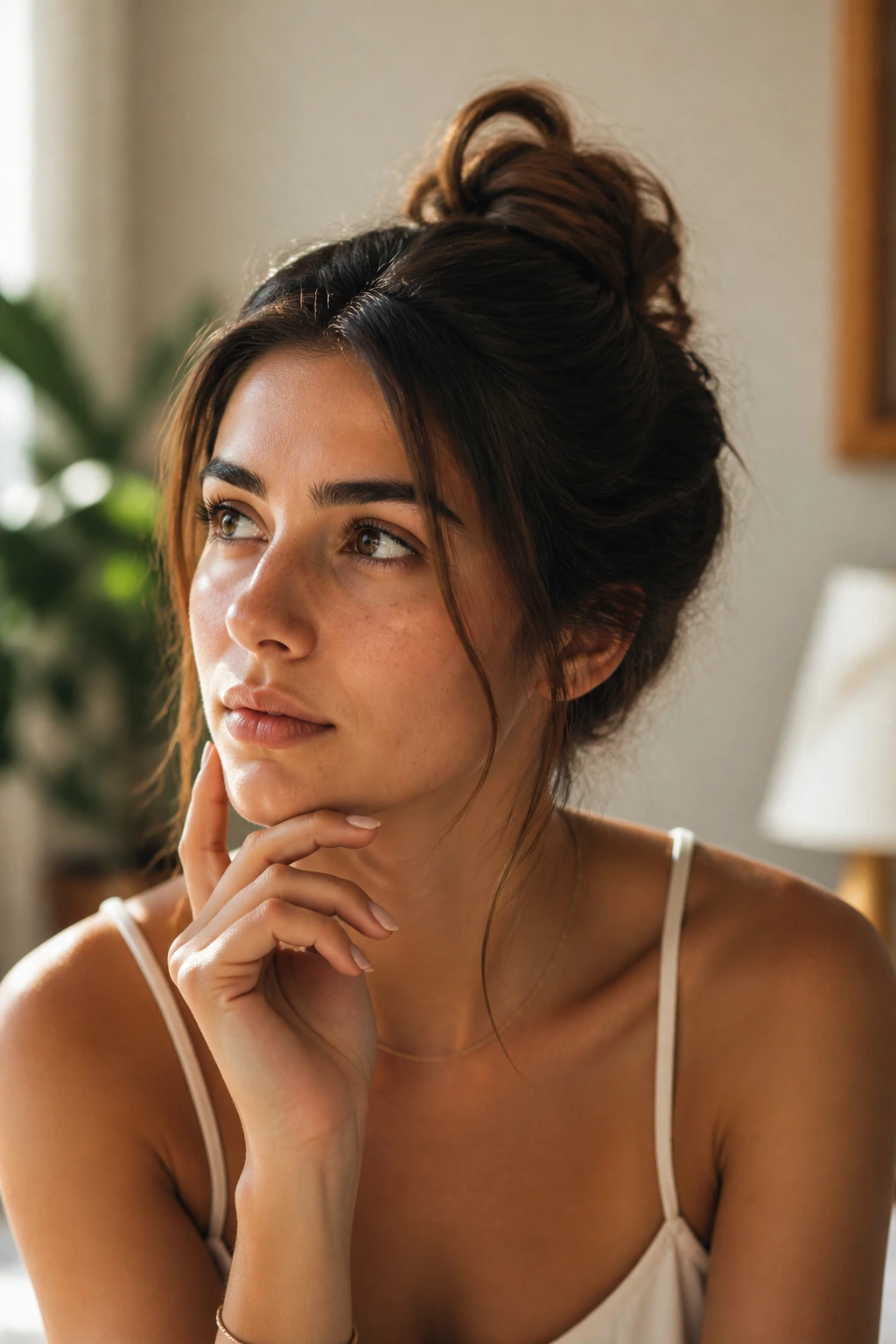 Portrait of a real woman with a neatly styled updo and a thoughtful expression.