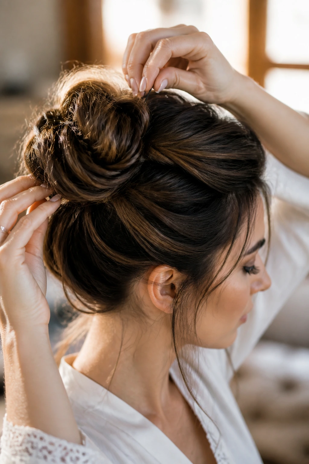 Close-up of a real woman's updo being refreshed with a pin at the crown in a bedroom setting