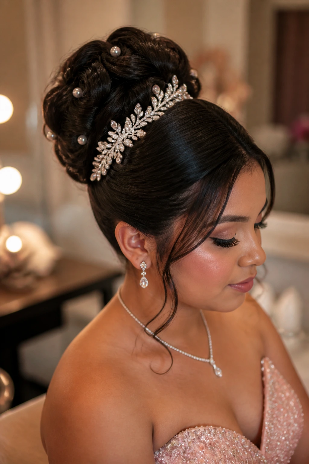 Close-up of a real person with pearl pins and rhinestone comb in an elegant updo