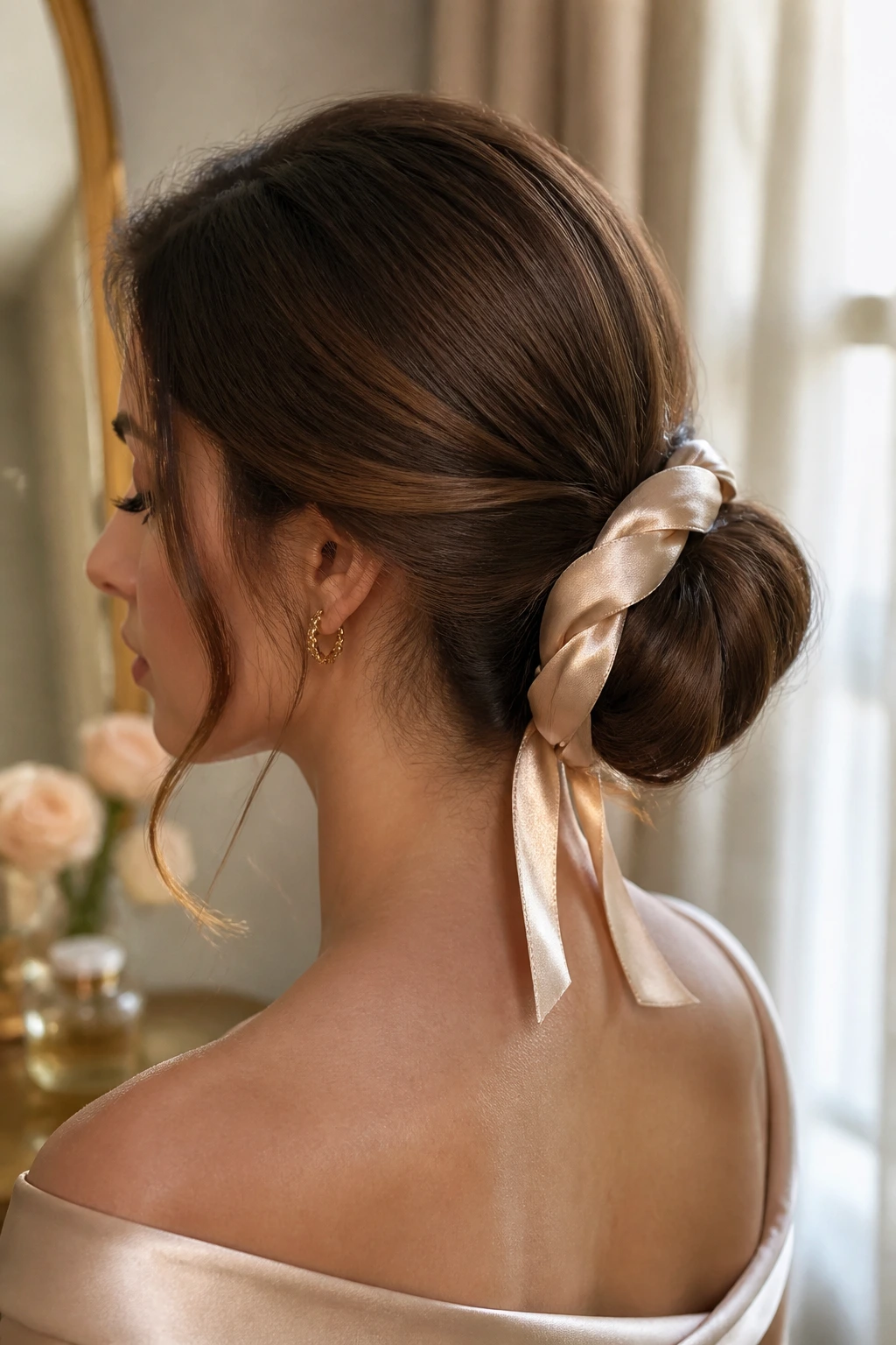 Close-up portrait of a woman with a satin ribbon wrapped around a low bun