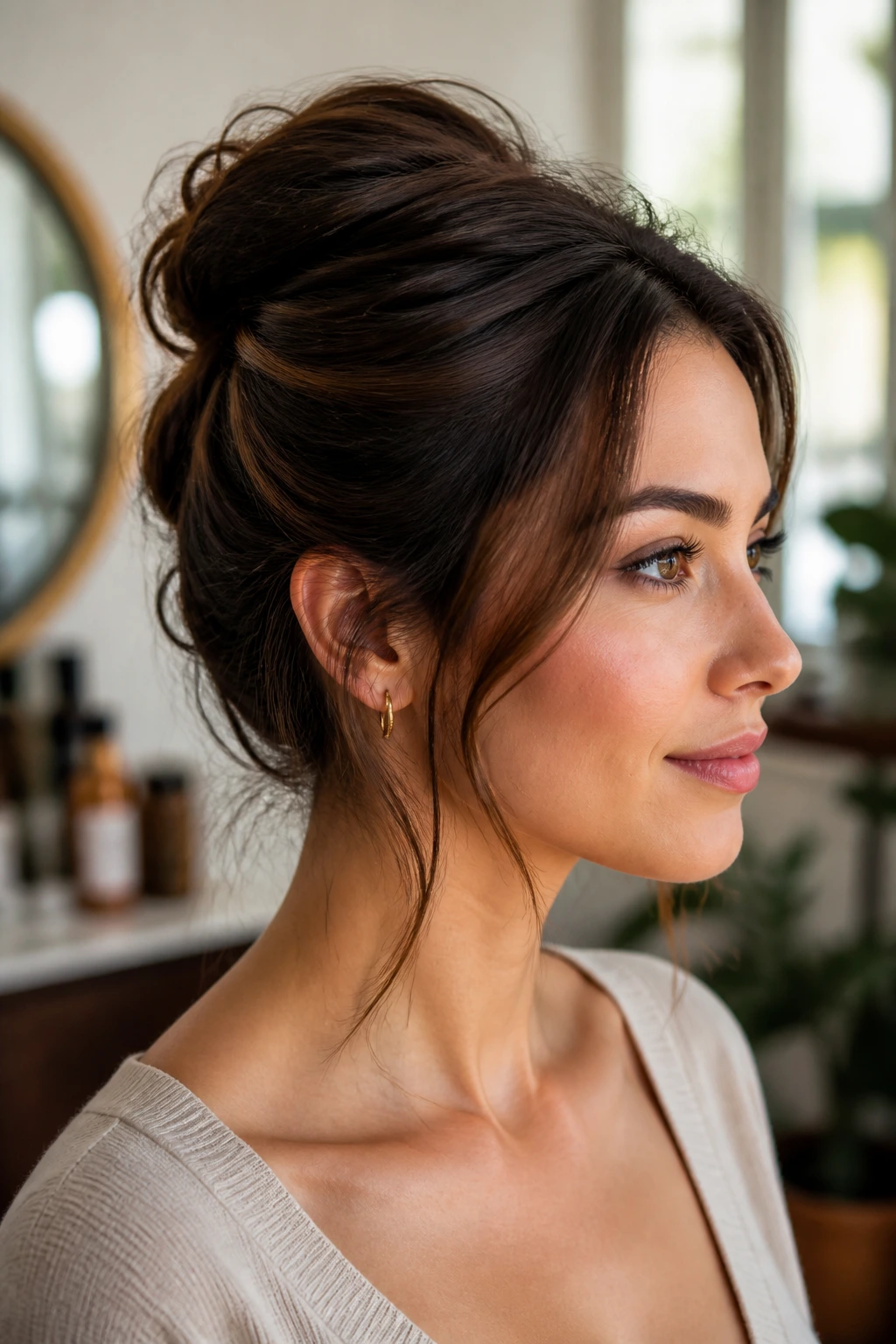 Portrait of a real woman with a soft updo showing clean silhouette and soft edges