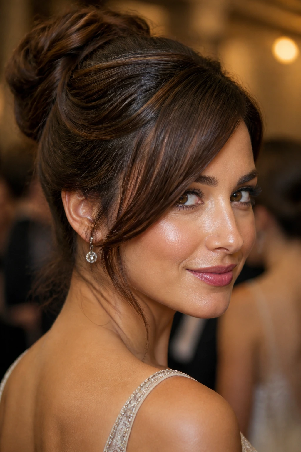 Close-up of a real woman with an updo and side bang sweeping across temple.