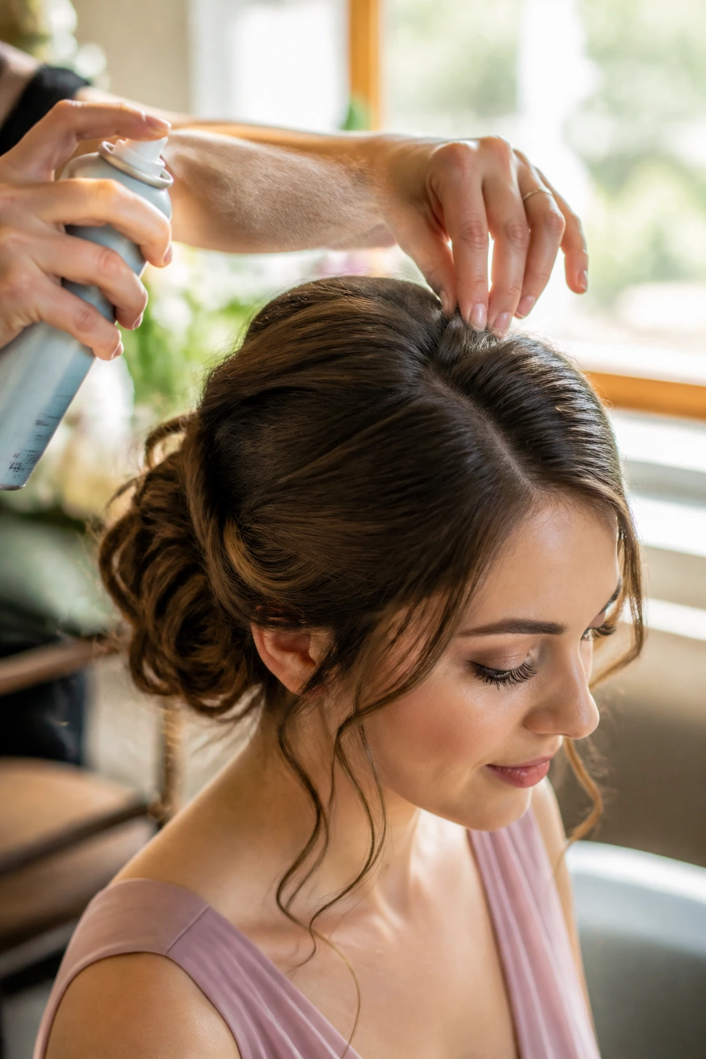 Close-up of a bridesmaid's head while texture spray is applied at the roots in a sunlit salon