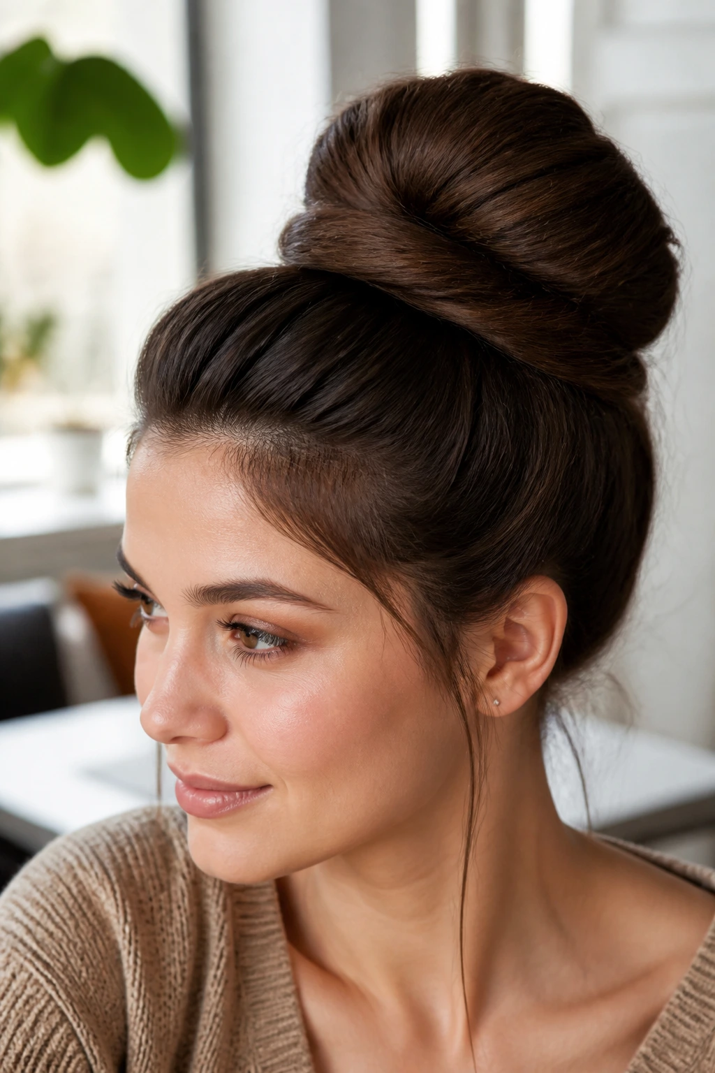 Close-up of a real person with a donut bun demonstrating texture and fullness