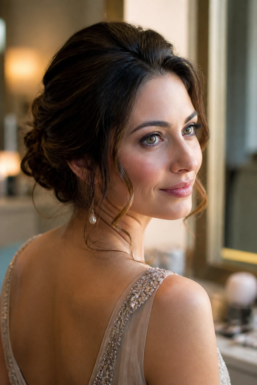 Portrait of a woman with a refreshed updo in a dressing room