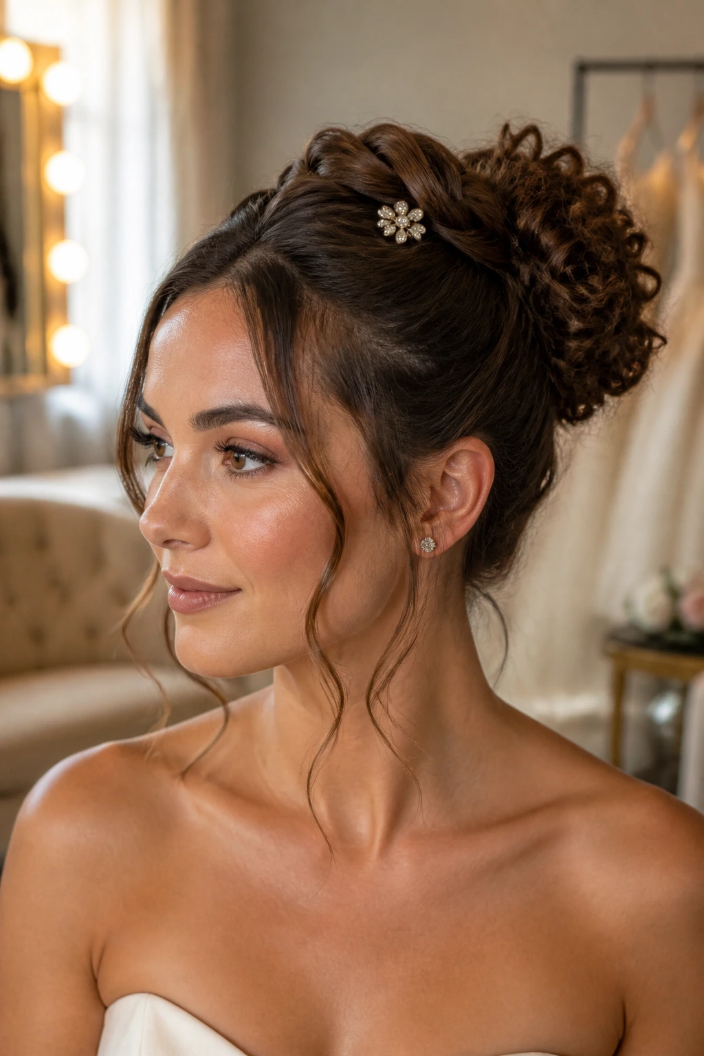 Close-up portrait of a real woman with an adaptable updo showing multiple variations
