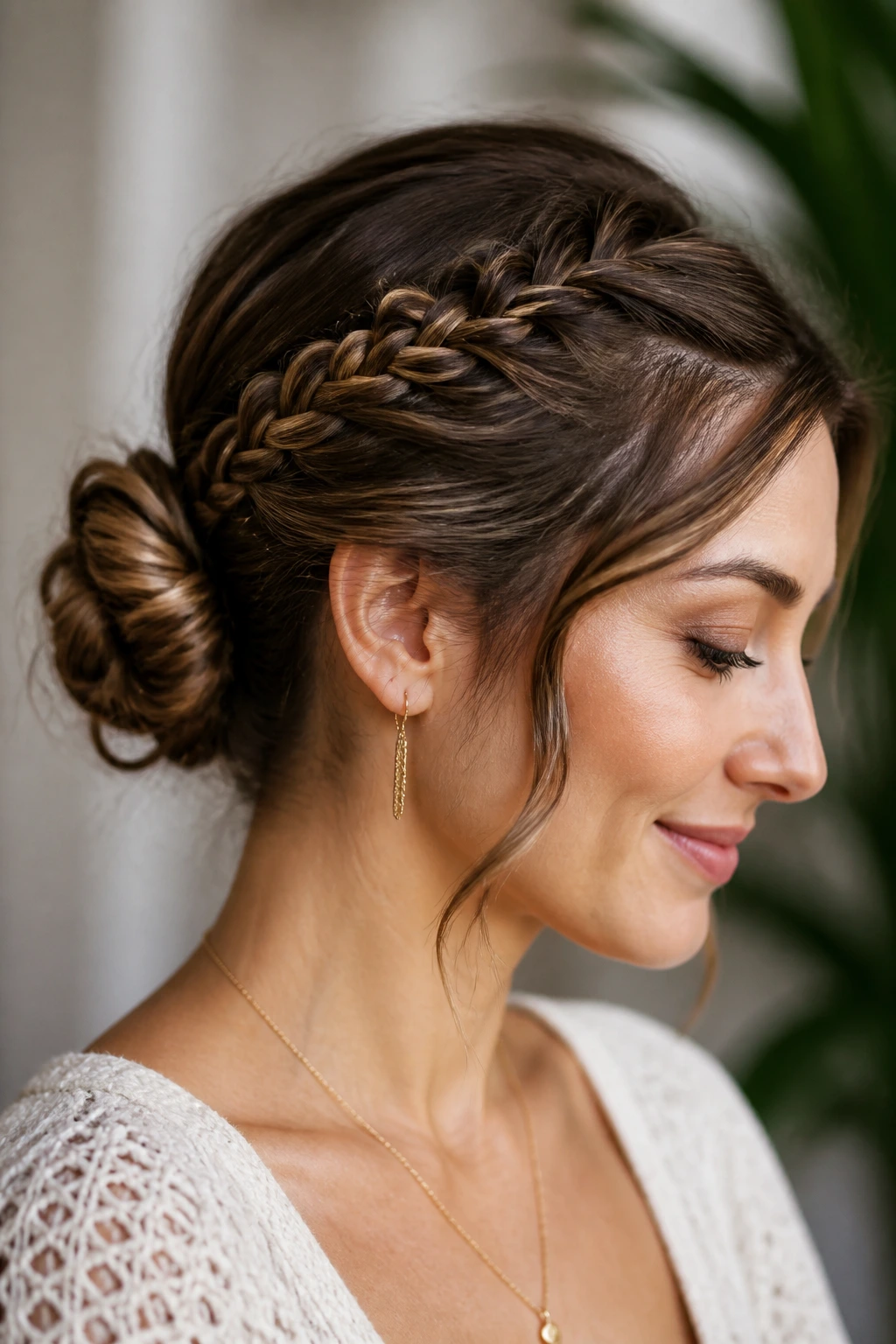 Portrait showing an updo with two variations: tight crown twist and looser bun