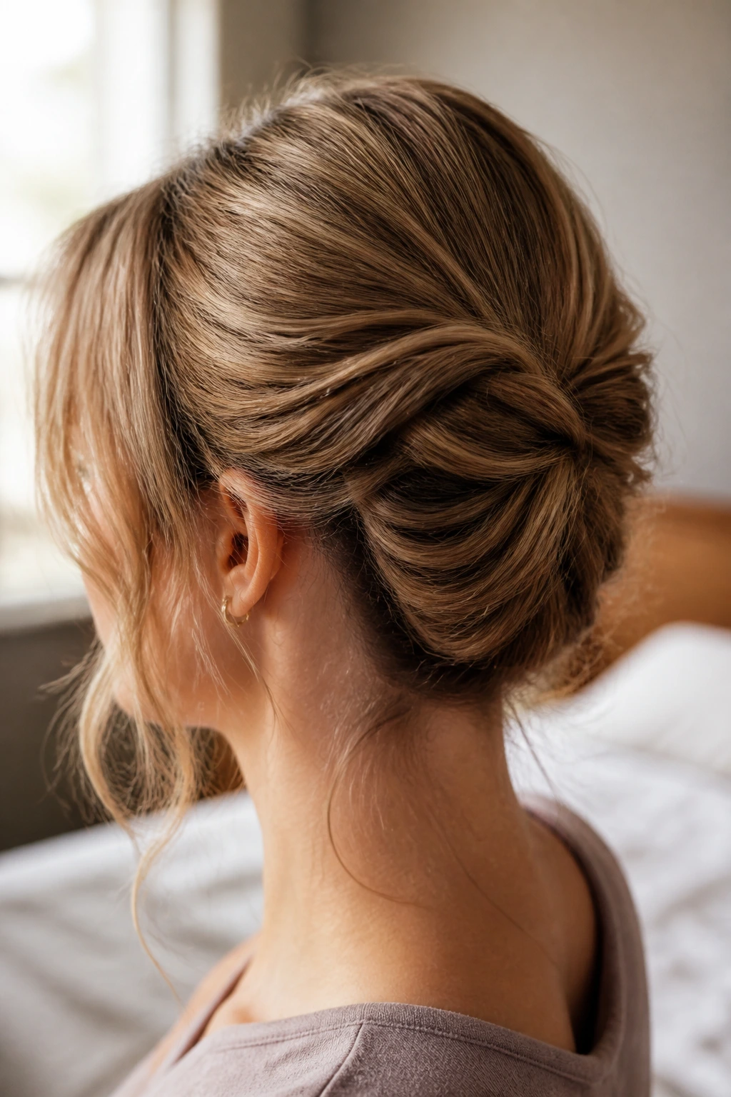 Close-up of a person with a folded roll updo variation in a warm bedroom
