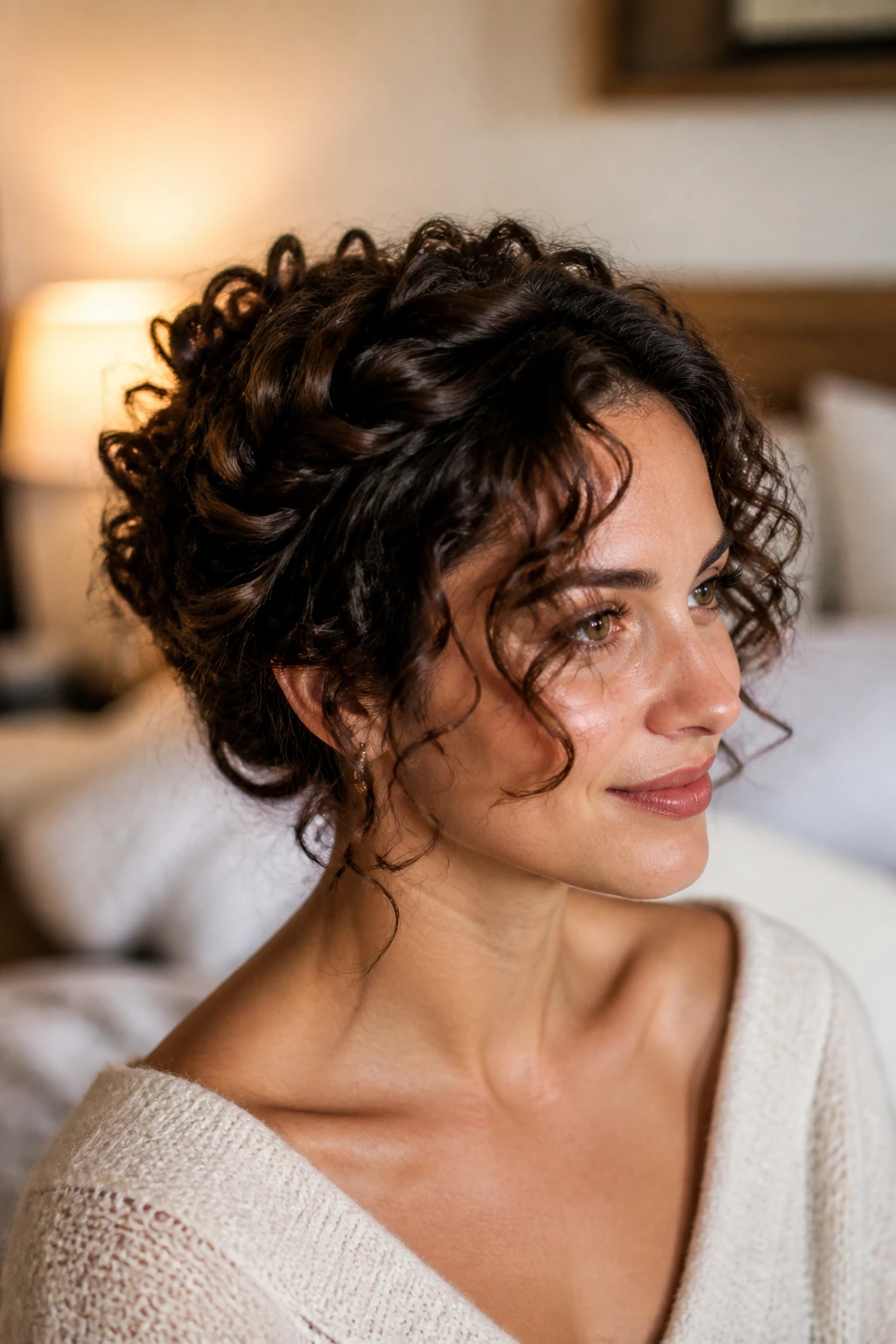 Close-up of a real woman with a curly halo hairstyle.