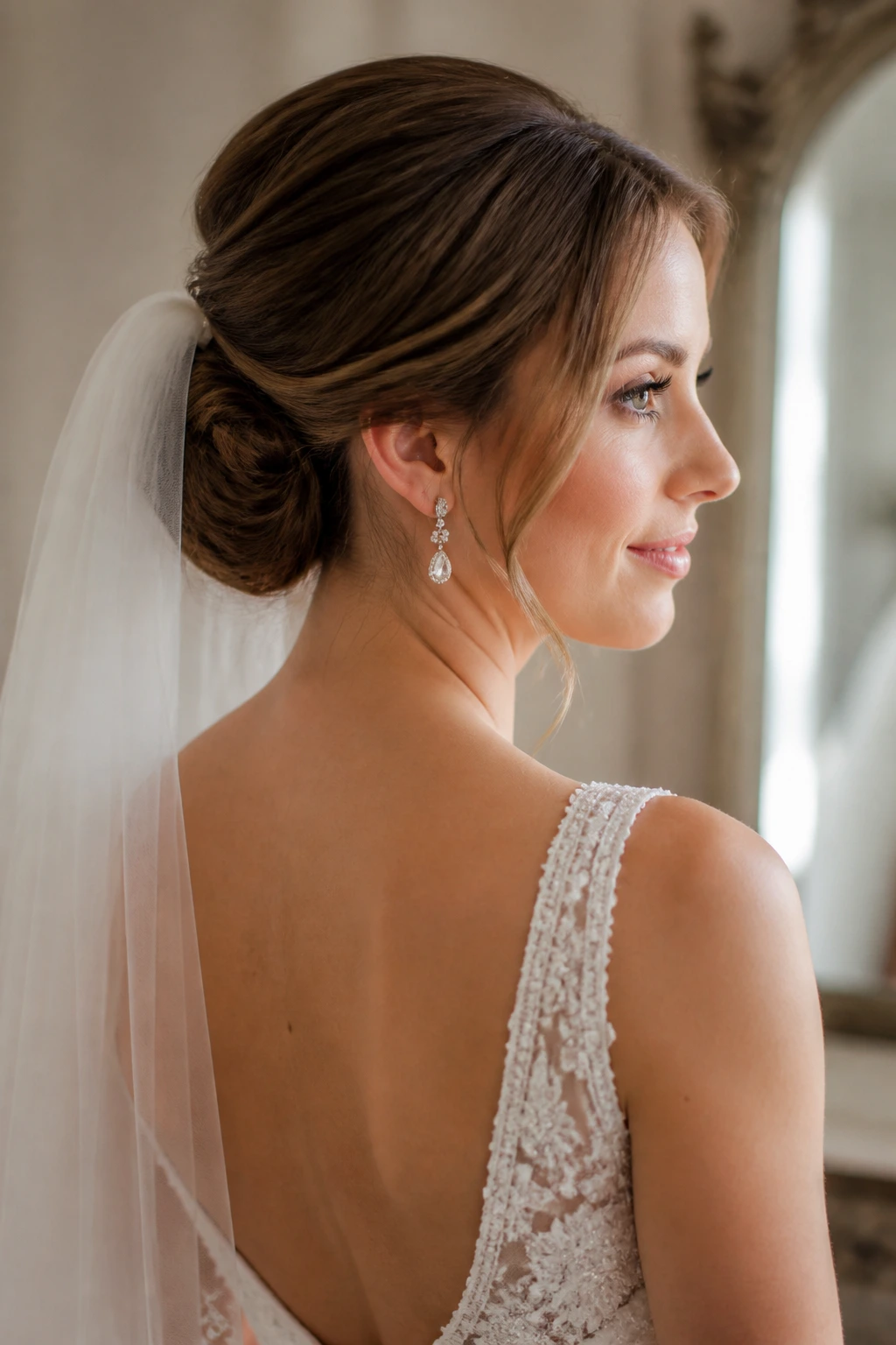 Real bride wearing an updo with veil and jewelry in a bridal setting