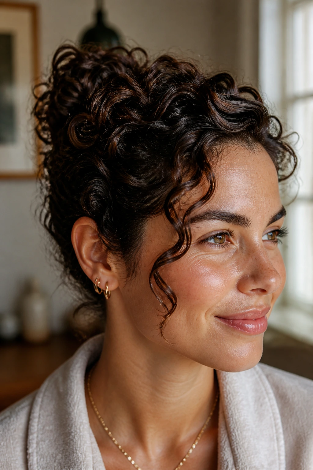 Close-up portrait of a real person with an updo that highlights natural curl texture.