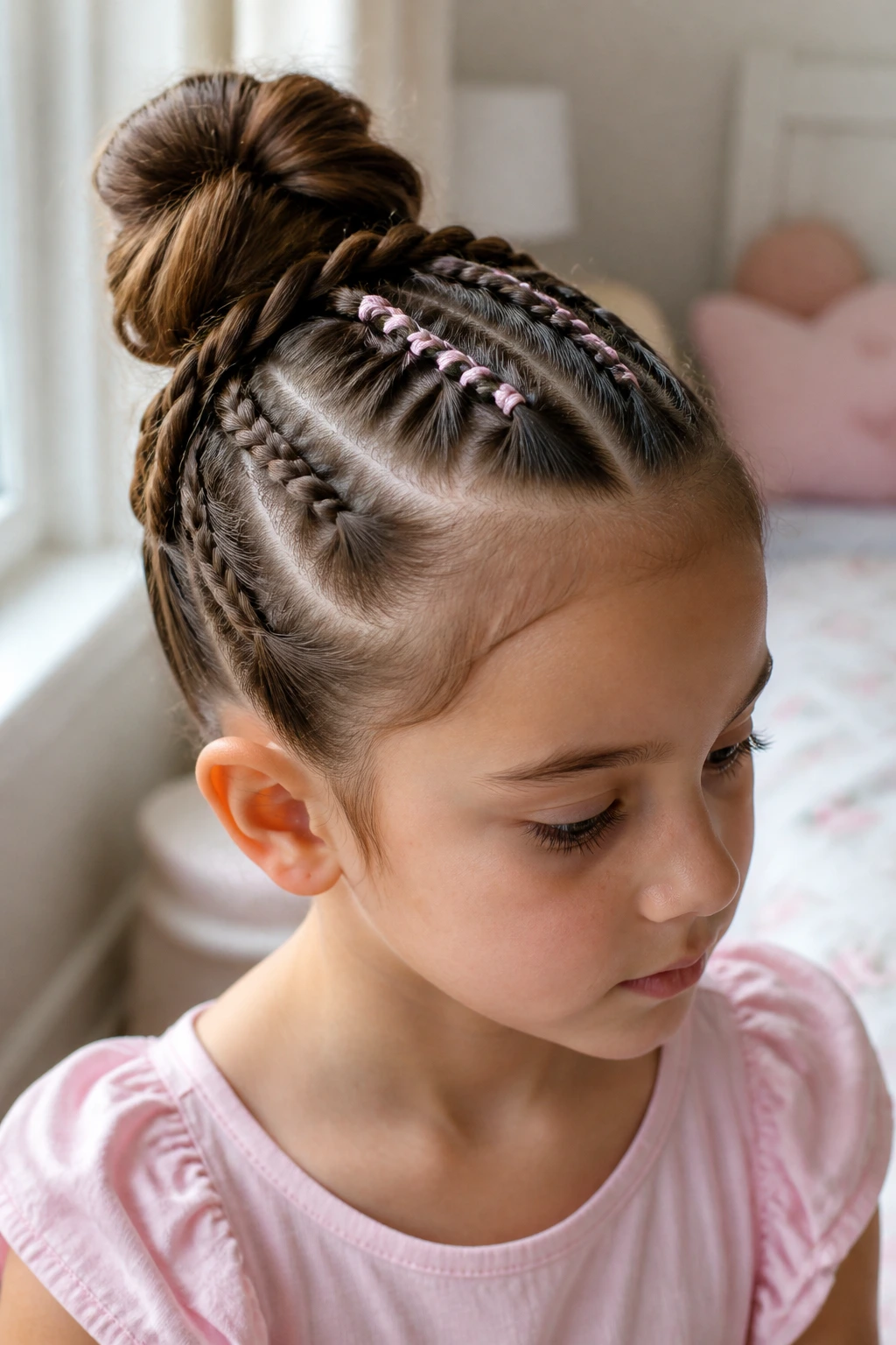 Close-up of a young girl’s head showing braided twists and a bun in natural window light