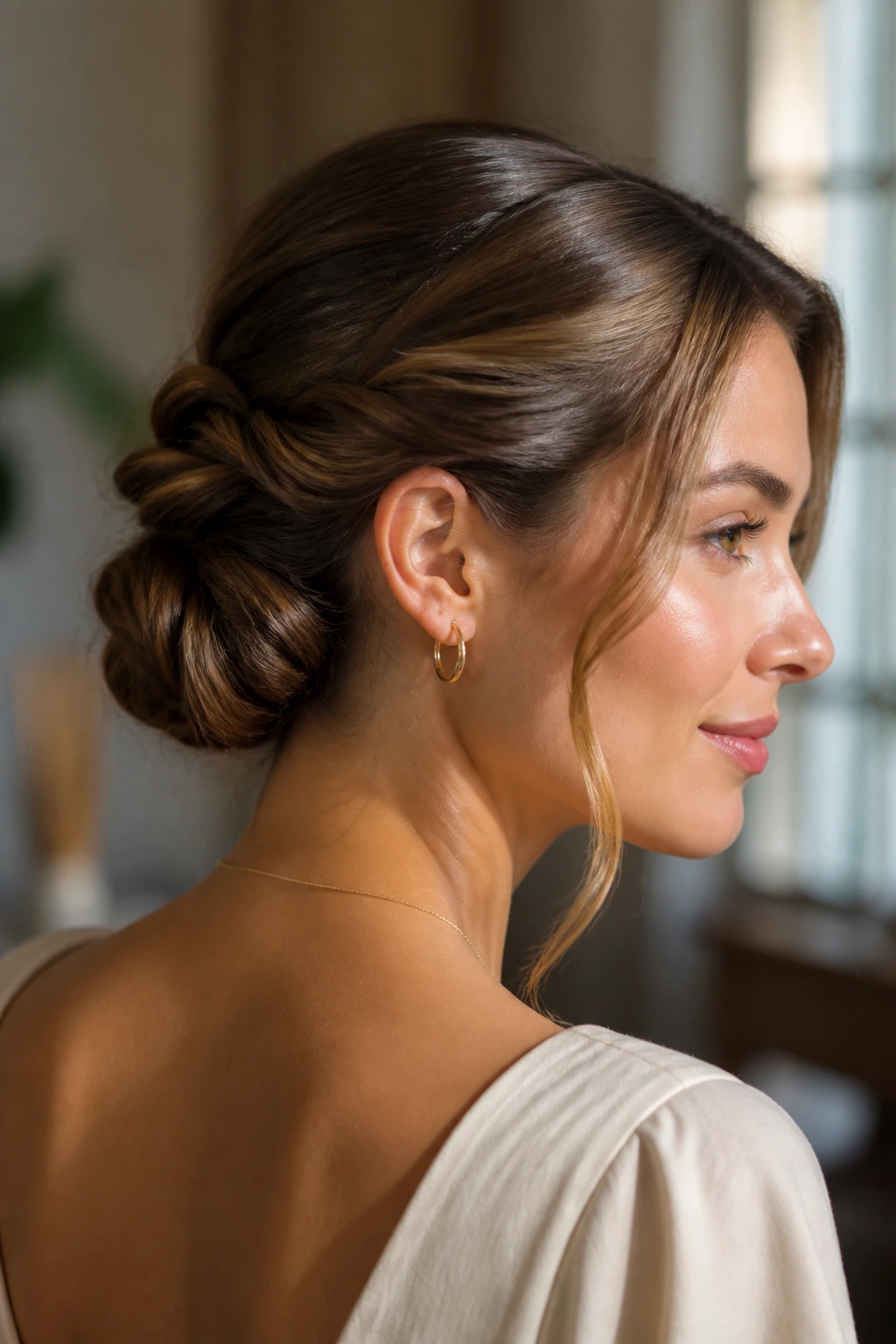 Close-up portrait of a real woman with an elegant updo featuring a secure low bun and twist
