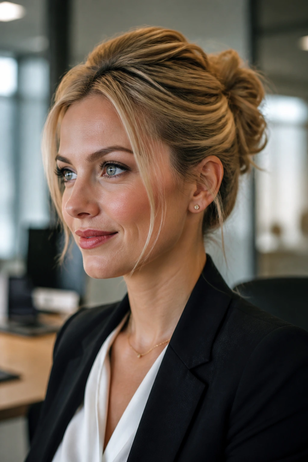 Close-up of a professional woman with an elegant updo in an office setting