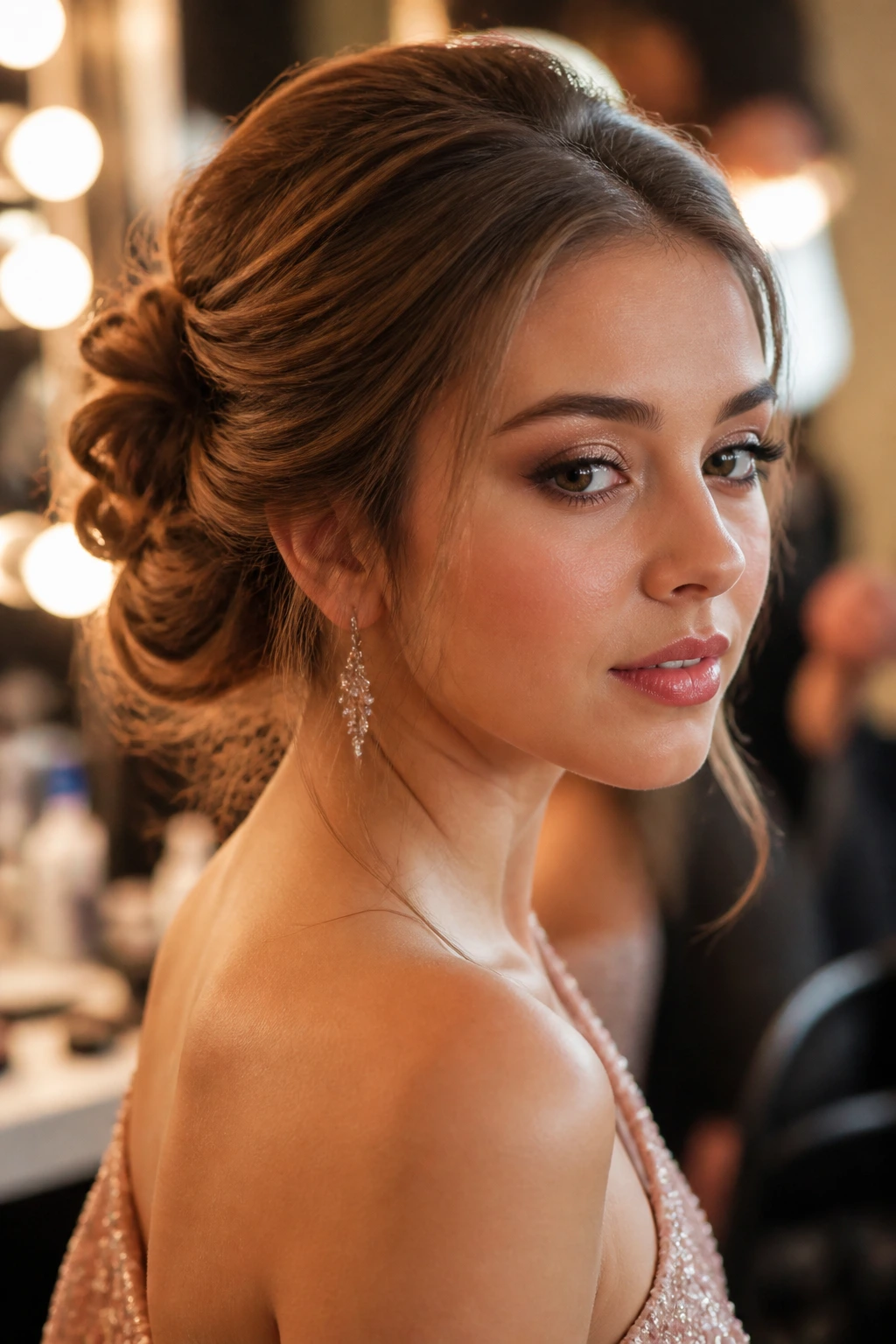 Close-up of a real woman with an elegant updo, hair off the neck in a prom-ready style