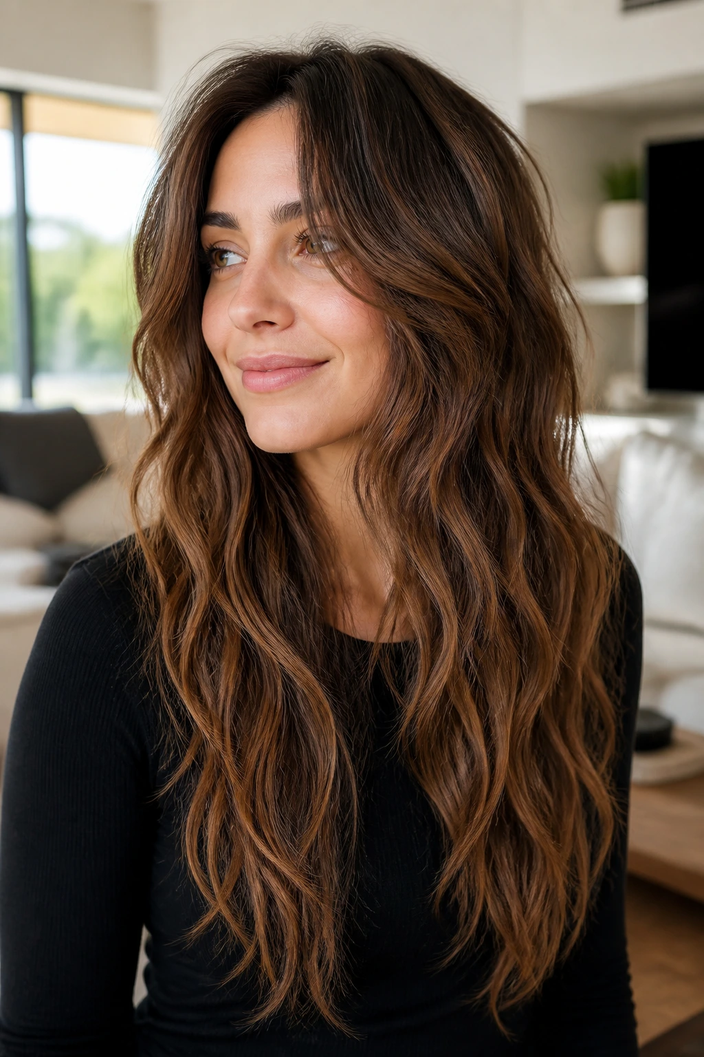Close-up portrait of a real woman with a rounded U-shaped long shag in natural light