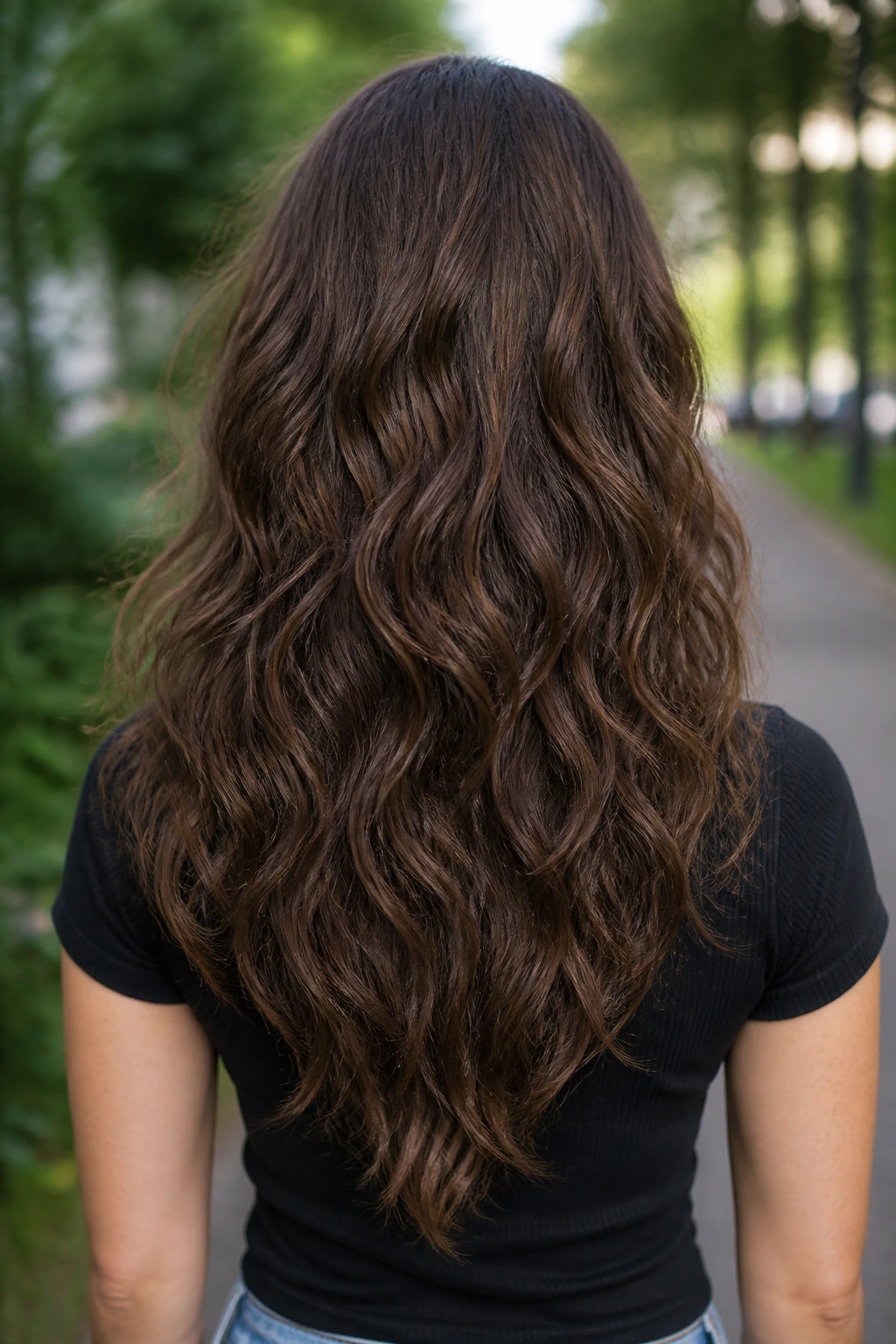 Back-of-head portrait of real person with V-back movement cut in park daylight