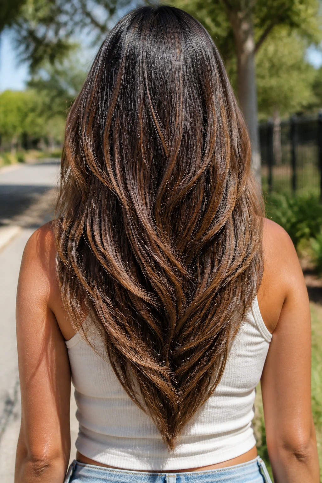 Back view of a real person with a V-cut silhouette at the back of the hair.
