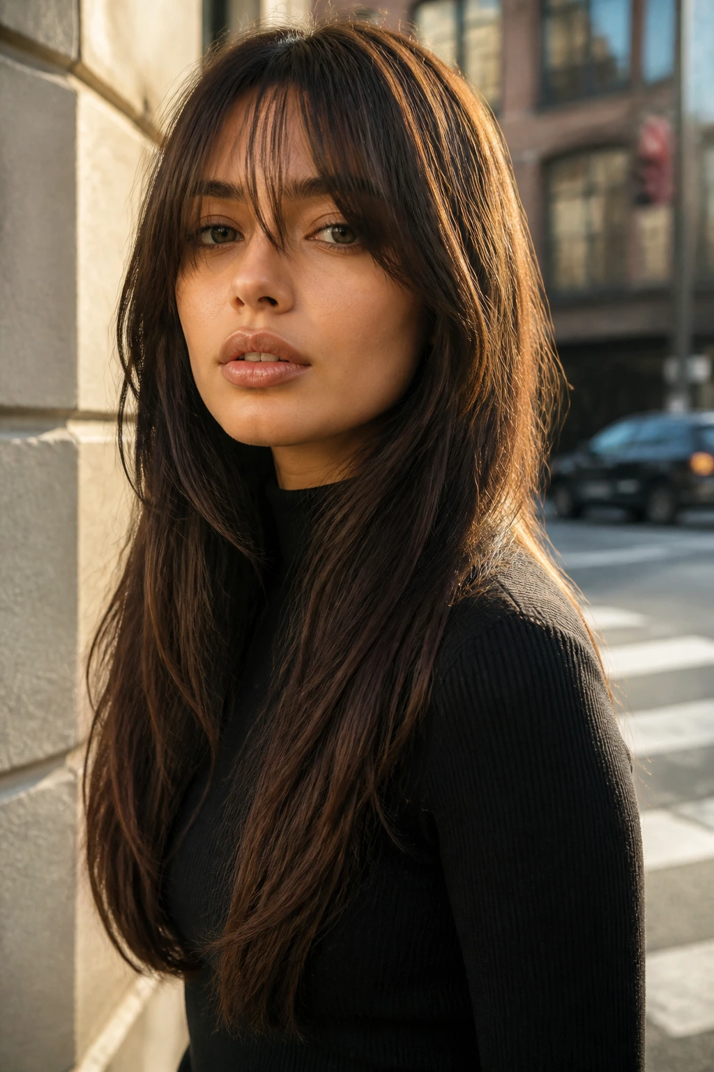 Close-up of a real woman with long V-cut and center-skimming bangs on a sunlit street