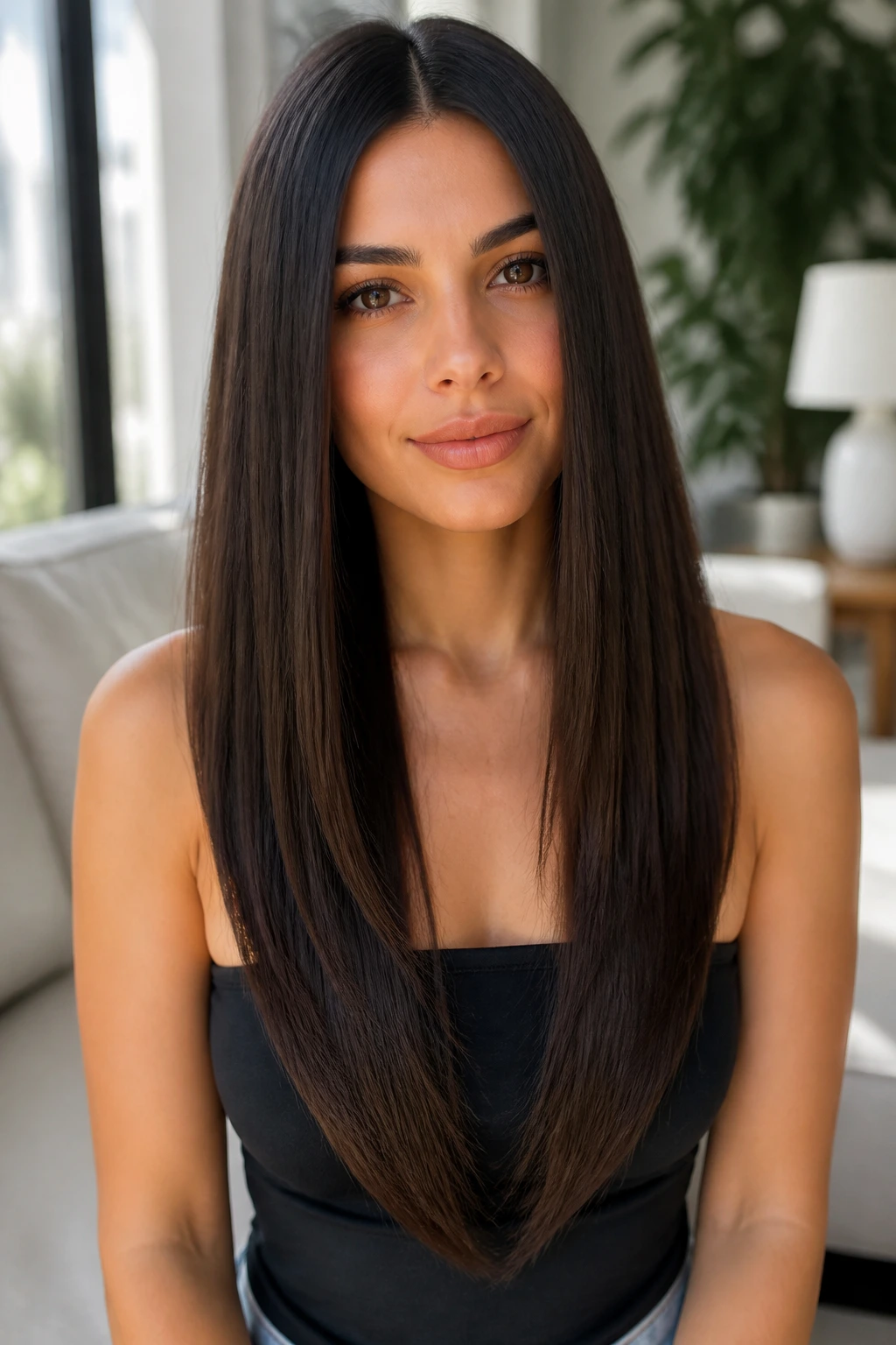 Close-up of a real woman with V-cut length hair and center part.