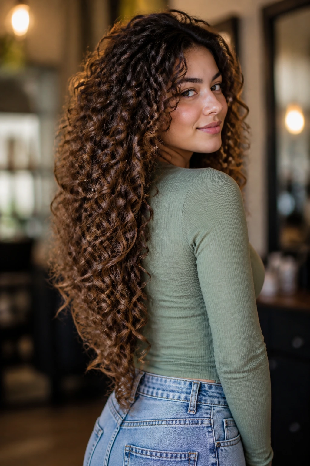 Three-quarter view of a real woman with long spirals forming a V-cut in a salon setting