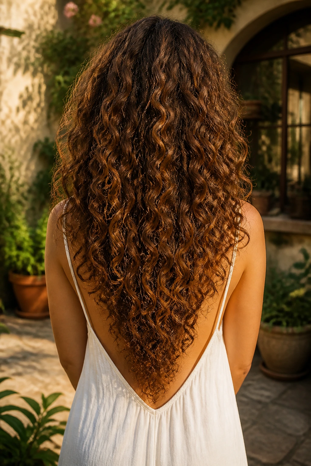 Portrait of woman with long V-cut curls and V-shaped back in warm garden light