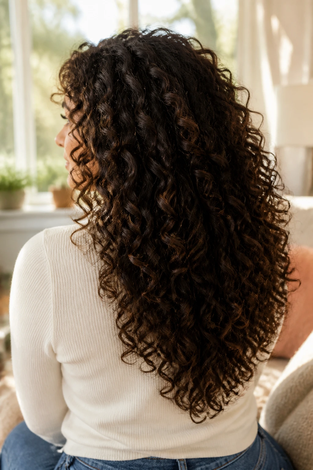 Close-up of a real woman's head showing a V-Cut for Thick Curls at the nape with warm window light.