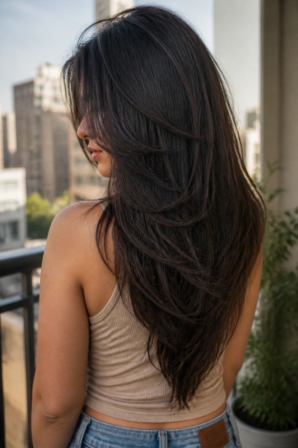 Three-quarter back view of a real person with a V-cut length and feathered ends.