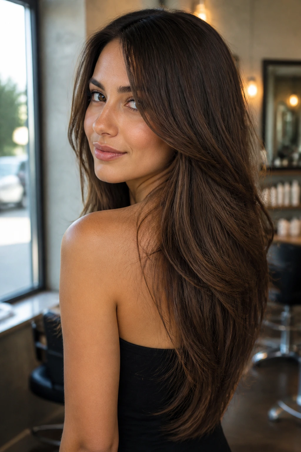 Close-up portrait of a real woman with a long V-cut hairstyle forming a gentle back point in warm, natural salon light