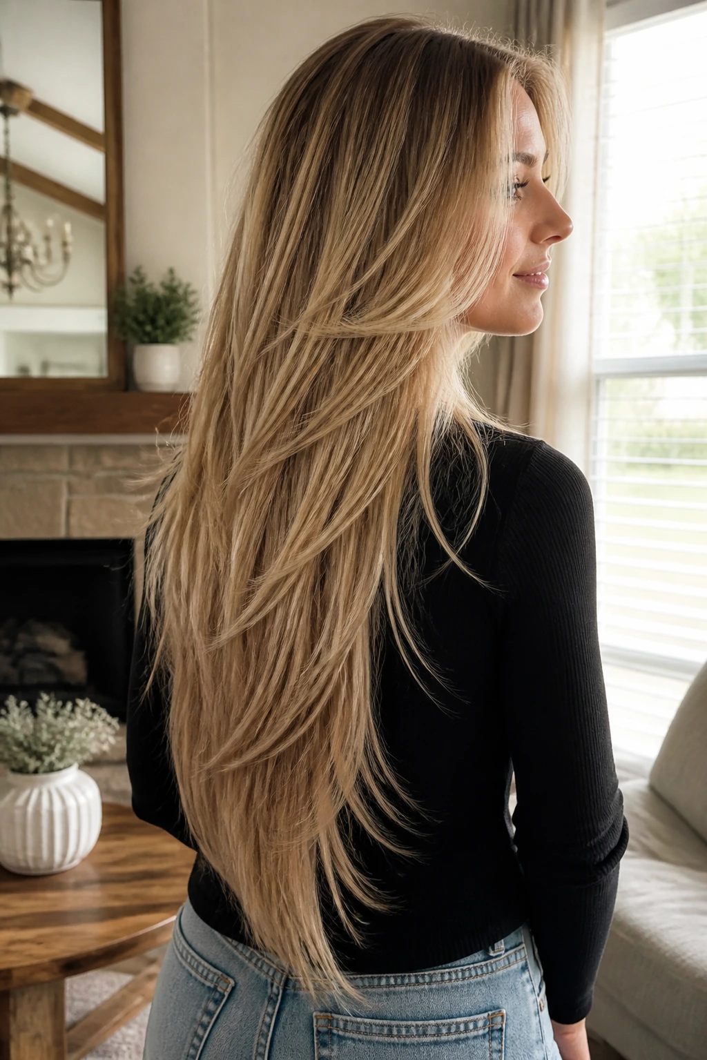 Three-quarter view of long hair with a subtle V-cut and interior layers