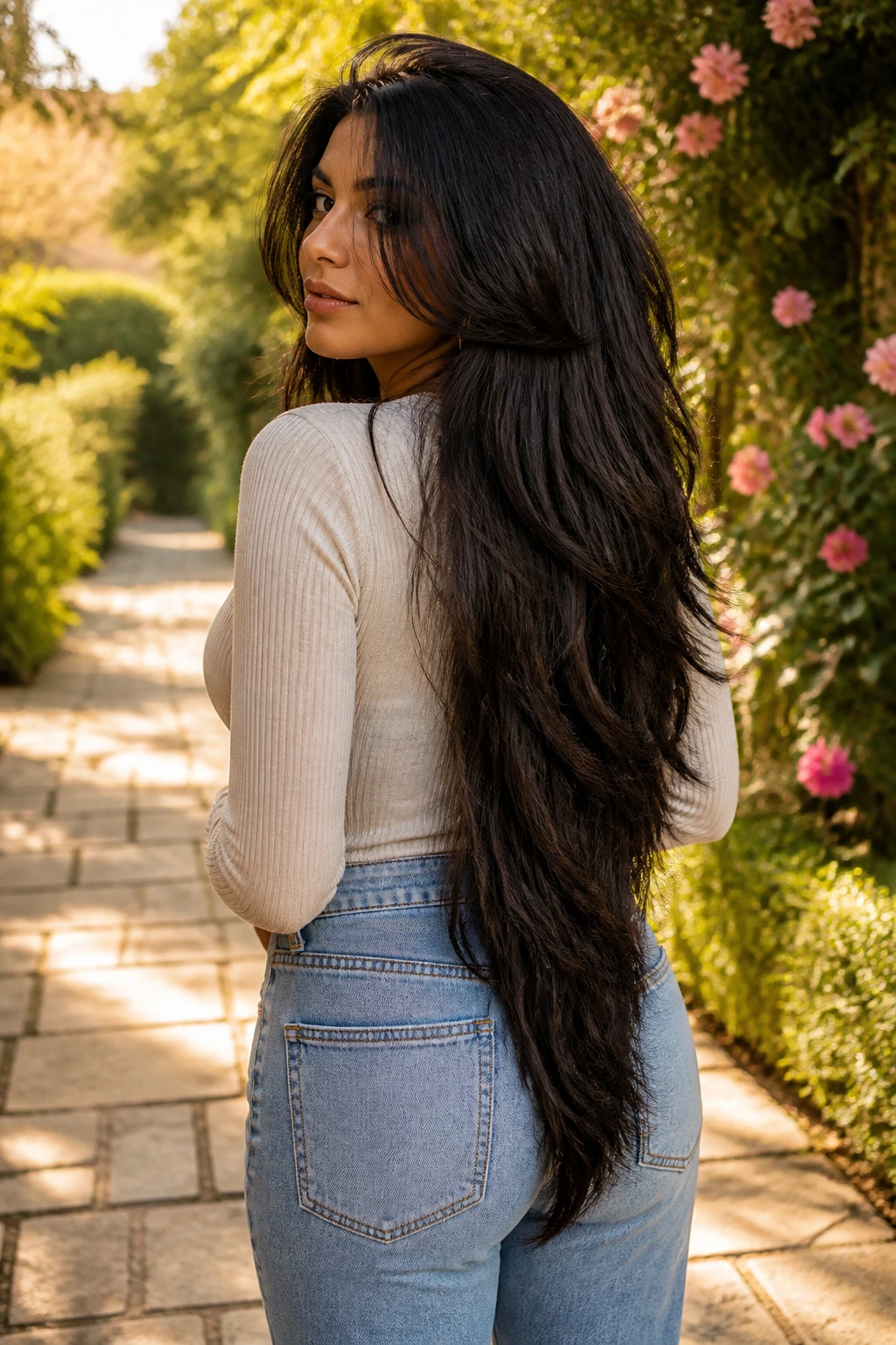 Three-quarter portrait showing waist-length hair with a visible V-cut back.