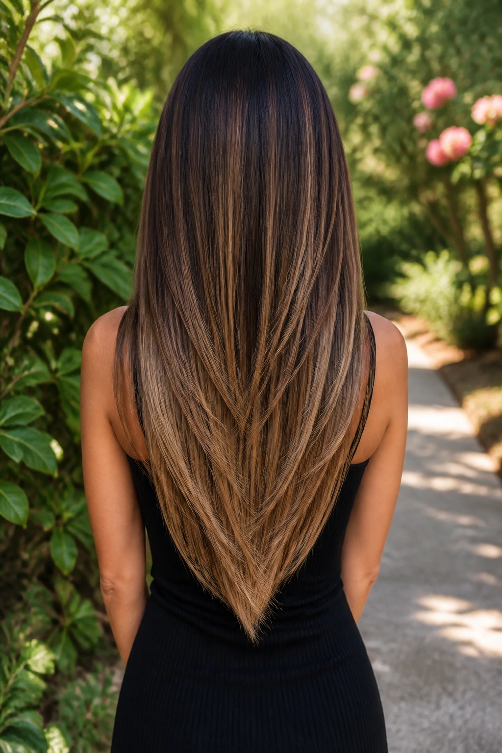 Long straight hair with subtle V-cut showing back silhouette on a real person.