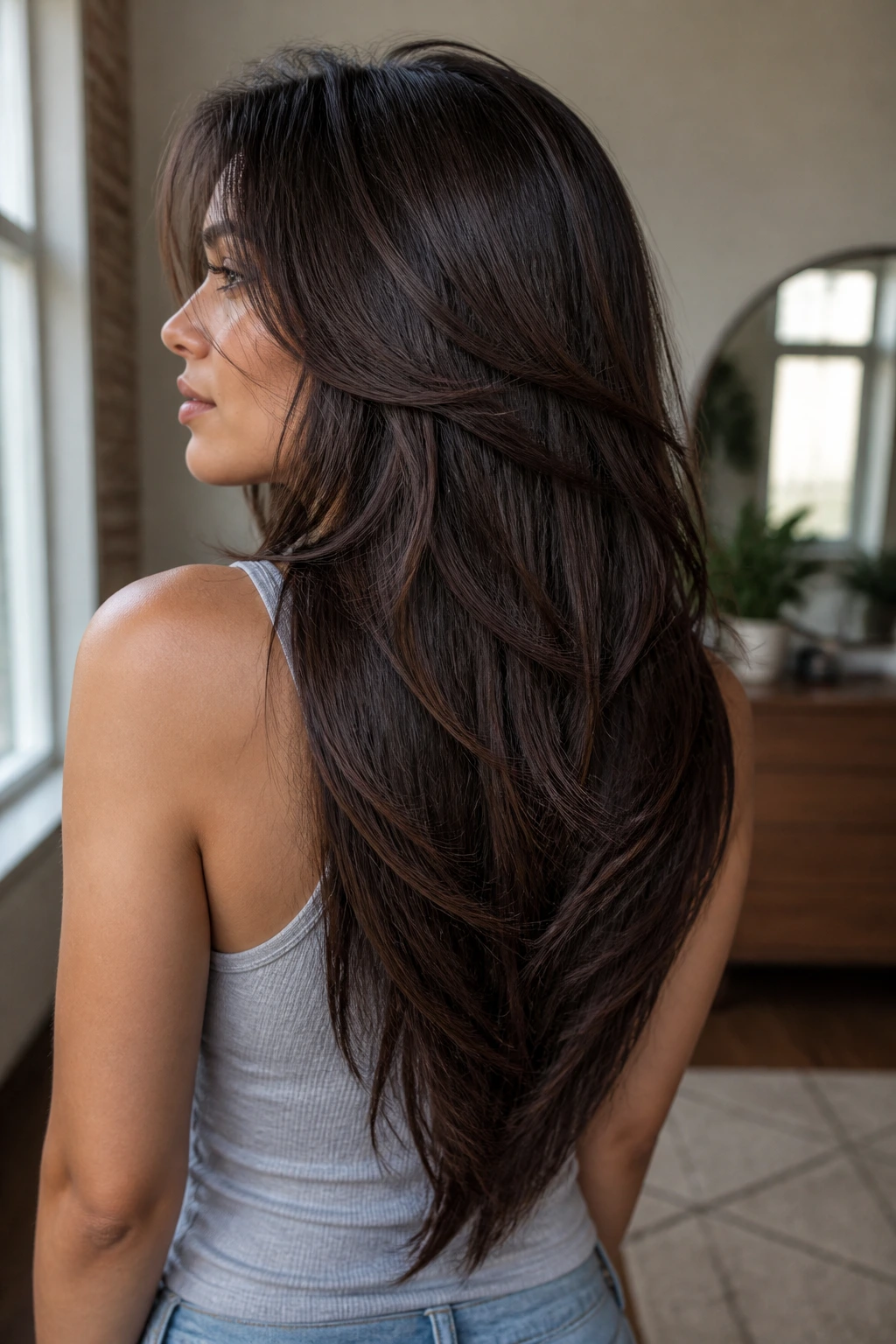 Profile portrait of a real woman with V-cut layers in long thick hair