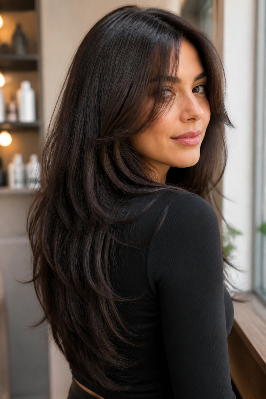 Close-up portrait of a real woman with a soft V-cut layers and front curtain pieces