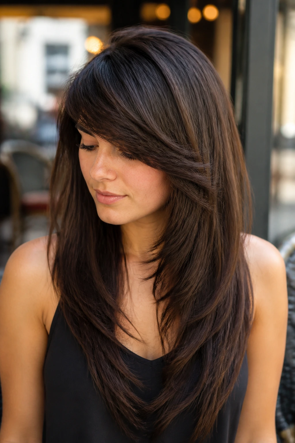 Portrait of a real person with V-cut layers and side-swept thick bangs in a chic daytime setting