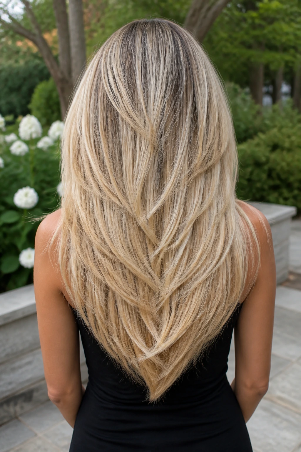 Rear view of a woman with a V-cut layered blonde hairstyle